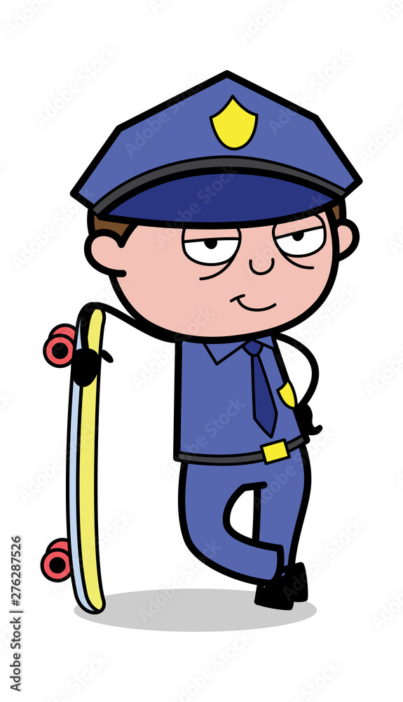 Standing with Skateboard - Retro Cop Policeman Vector Illustration