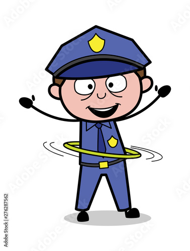 Playing with Hula Hoop - Retro Cop Policeman Vector Illustration