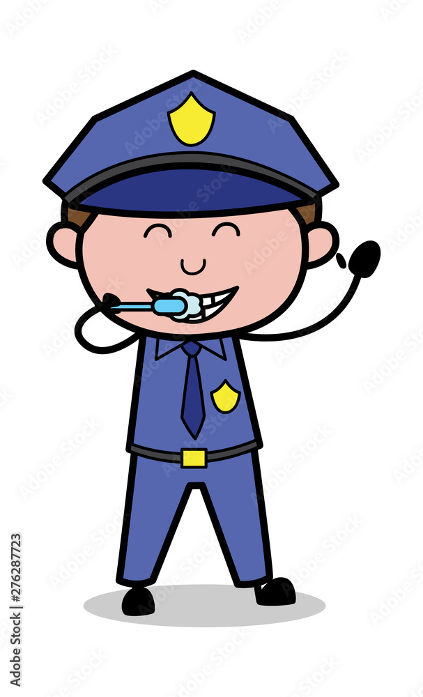 Brushing Teeth - Retro Cop Policeman Vector Illustration
