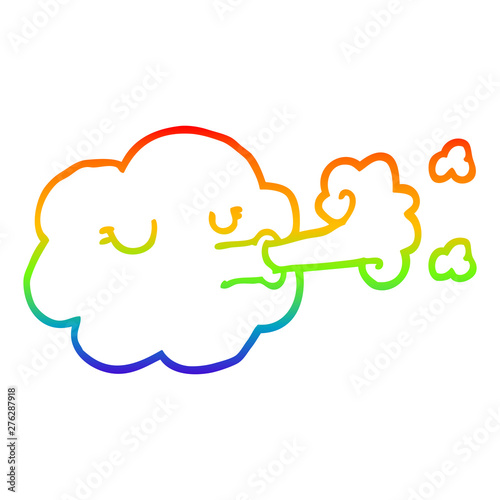 rainbow gradient line drawing cartoon cloud blowing a gale