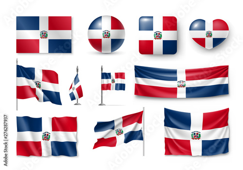 Various flags of Dominican republic caribbean country set. Realistic waving national flag on pole, table flag and different shapes badges. Patriotic symbolics for design isolated vector illustration © Sunflower