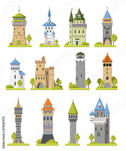 Cartoon castle vector fairytale medieval tower of fantasy palace building in kingdom fairyland illustration towering set of historical fairy-tale towered house isolated on white background