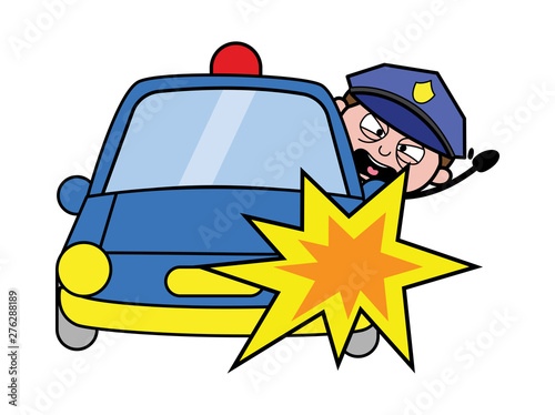 Car Accident - Retro Cop Policeman Vector Illustration