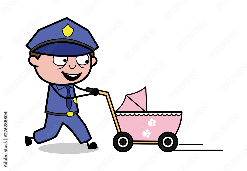 Walking with Pram - Retro Cop Policeman Vector Illustration Walking with Pram - Retro Cop Policeman Vector Illustration