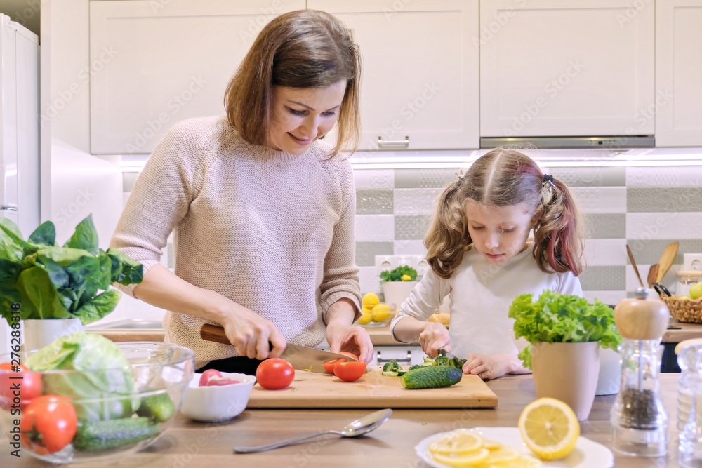 Mother and daughter cooking together in kitchen vegetable salad, parent and child are talking smiling. Mother and daughter cooking together in kitchen vegetable salad, parent and child are talking smiling.