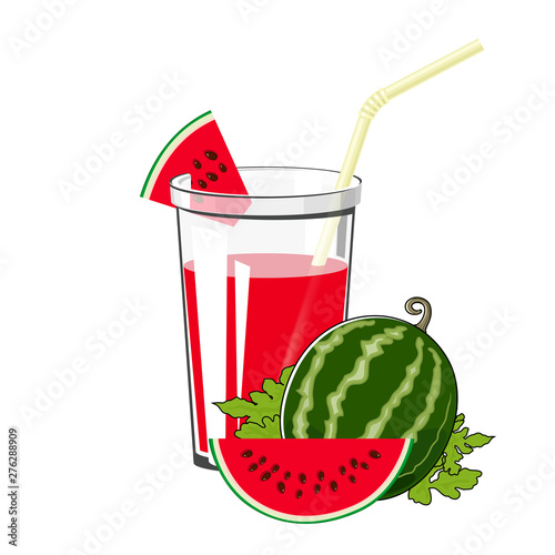 Glass of Summer Refreshing Drink of Watermelon and a Straw Isolated on White Background , Fresh Berry Fruit Juice with Watermelon Slices, Vector Illustration