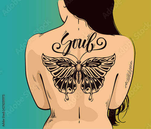 Illustration of Woman with beautiful butterfly tattoo on back