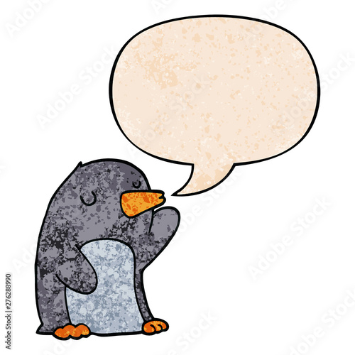 cartoon penguin and speech bubble in retro texture style