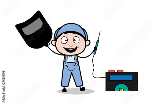 A Happy Welder - Retro Repairman Cartoon Worker Vector Illustration