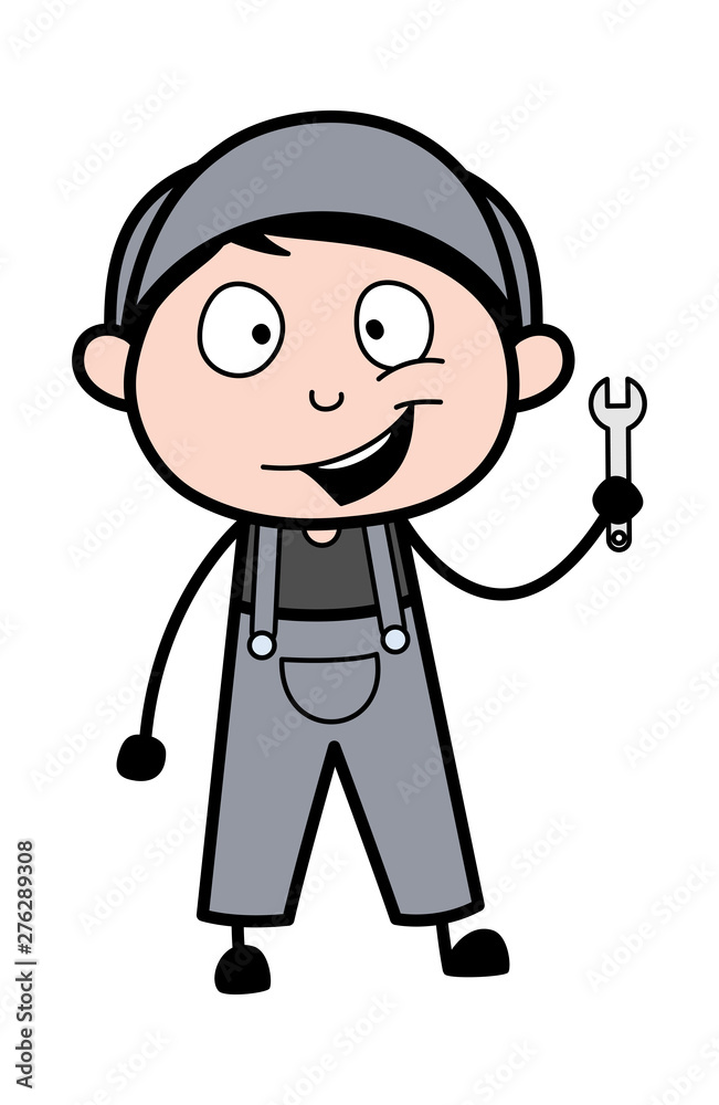 Showing a Wrench Tool - Retro Repairman Cartoon Worker Vector Illustration