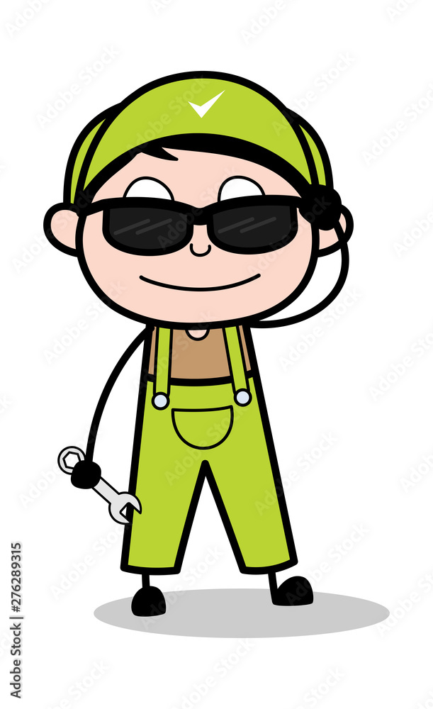 Modern Technician with Sunglasses - Retro Repairman Cartoon Worker Vector Illustration