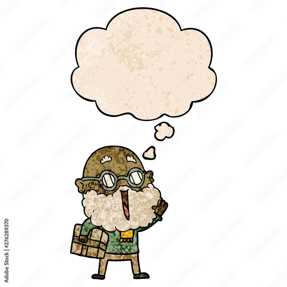 cartoon joyful man with beard and parcel under arm and thought bubble in grunge texture pattern style cartoon joyful man with beard and parcel under arm and thought bubble in grunge texture pattern style