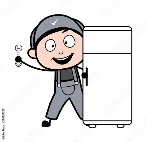 Repairing a Refrigerator - Retro Repairman Cartoon Worker Vector Illustration