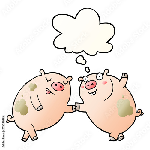 cartoon pigs dancing and thought bubble in smooth gradient style