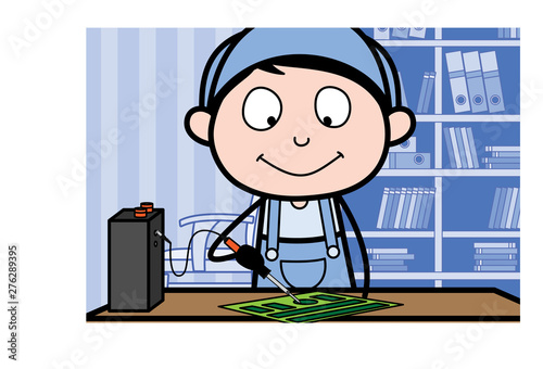 Doing Prectice on Circuit Board - Retro Repairman Cartoon Worker Vector Illustration
