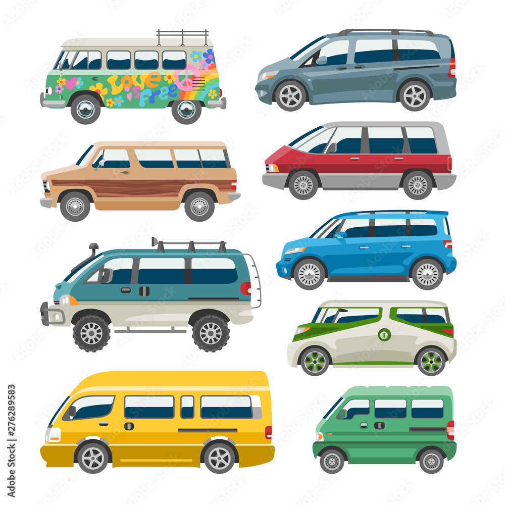 Fototapeta premium Minivan car van auto vehicle family minibus vehicle and automobile banner isolated citycar on white background illustration