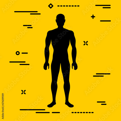 Flat black characterizing male silhouette for normal weight stage of body mass index on yellow background