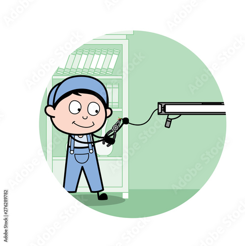 Adjusting Wire of Tube Light - Retro Repairman Cartoon Worker Vector Illustration