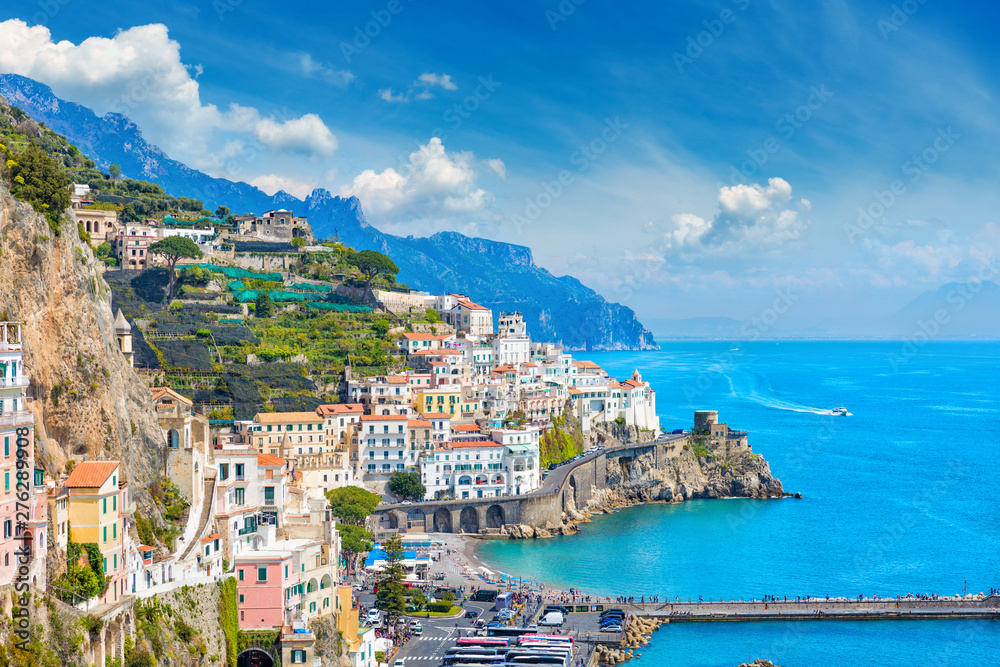 Beautiful seaside city Amalfi in province of Salerno, in region of Campania, Italy