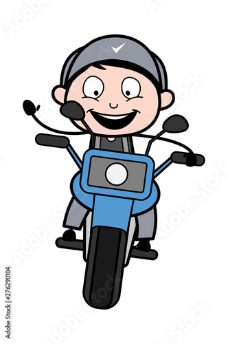 Cheerful Boy Riding Bike - Retro Repairman Cartoon Worker Vector Illustration