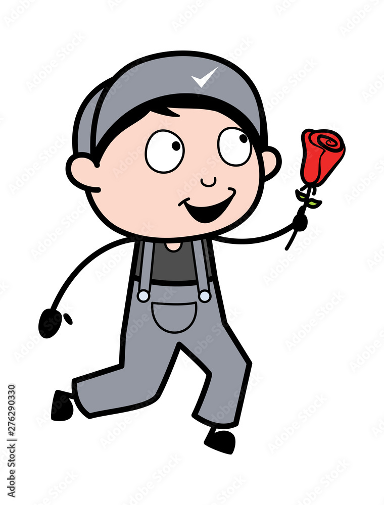 Proposing with Rose - Retro Repairman Cartoon Worker Vector Illustration Proposing with Rose - Retro Repairman Cartoon Worker Vector Illustration