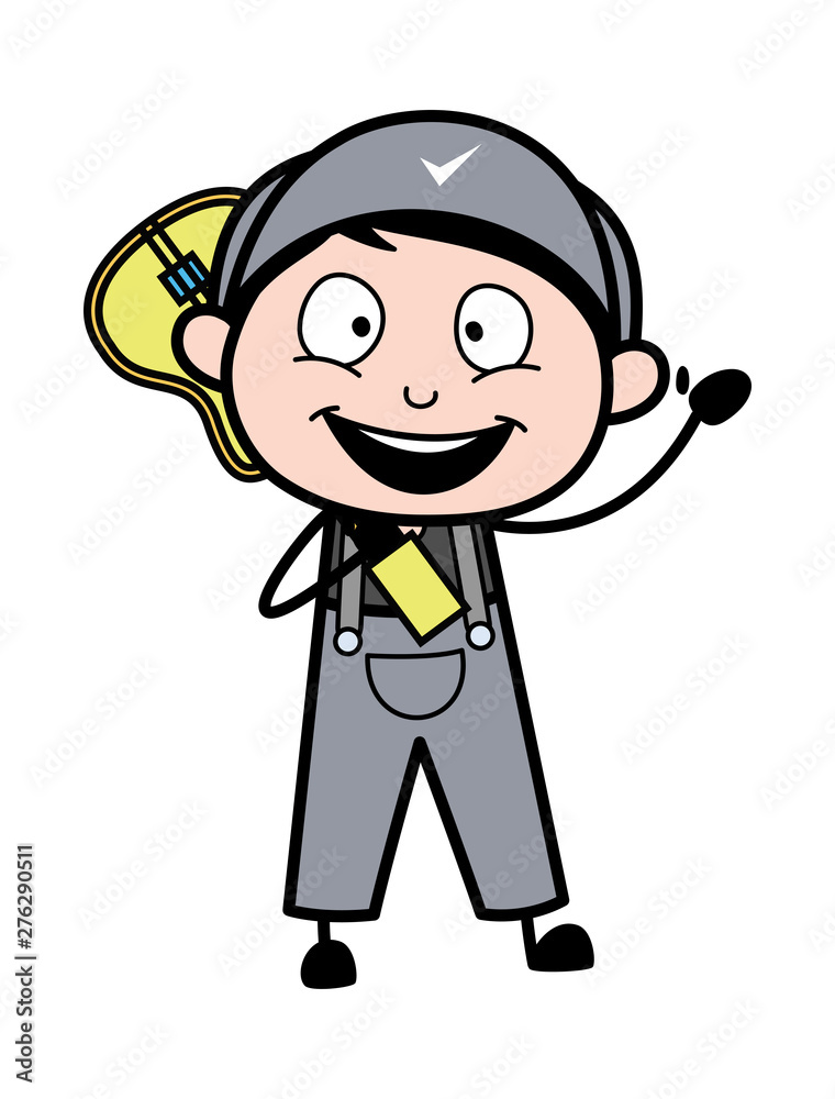 Holding a Guitar and Saying Hi with Hand Gesture - Retro Repairman Cartoon Worker Vector Illustration
