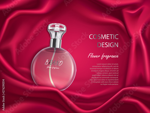 Perfume bottle, flower fragrance cosmetic design banner mock up. Glass flask packaging on red silk fabric background. Women cosmetics product, promo ad banner template Realistic 3d vector illustration