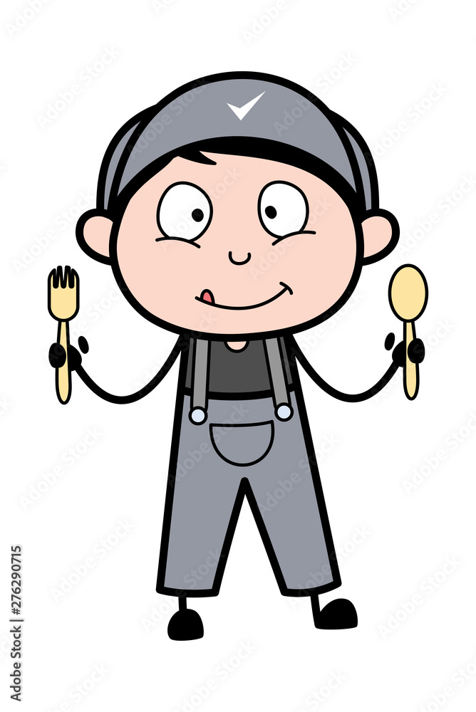 Showing Cutlery Item - Retro Repairman Cartoon Worker Vector Illustration Showing Cutlery Item - Retro Repairman Cartoon Worker Vector Illustration