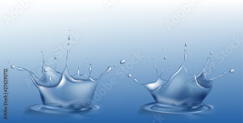 Water splash set in shape of crown with spray droplets and dispersing circles on liquid surface. Aqua dynamic motion on blue background. Pure hydration ad element. Realistic 3d vector Illustration