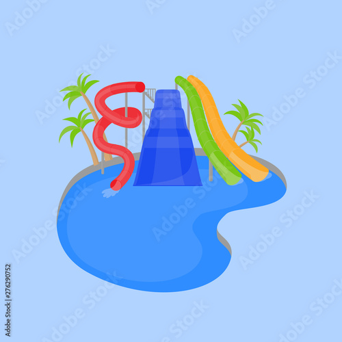 Cartoon Family water park with slides and pool. Flat summer vacation entertainment, active holiday rest. Aqua park extreme attraction