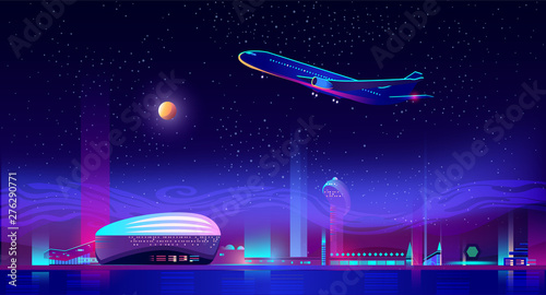 Airplane take off from airport runway at neon night city view background with glowing illumination, skyscrapers. Metropolis transport hub with terminal and control tower. Cartoon vector illustration