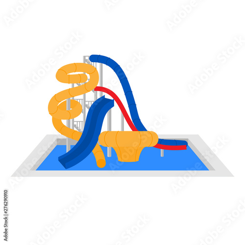 Cartoon Family water park with slides and pool. Flat summer vacation entertainment, active holiday rest. Aqua park extreme attraction