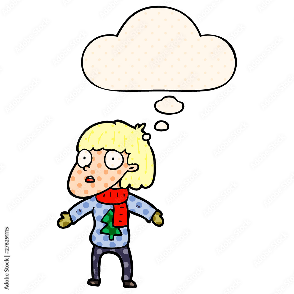 cartoon surprised christmas person and thought bubble in comic book style cartoon surprised christmas person and thought bubble in comic book style