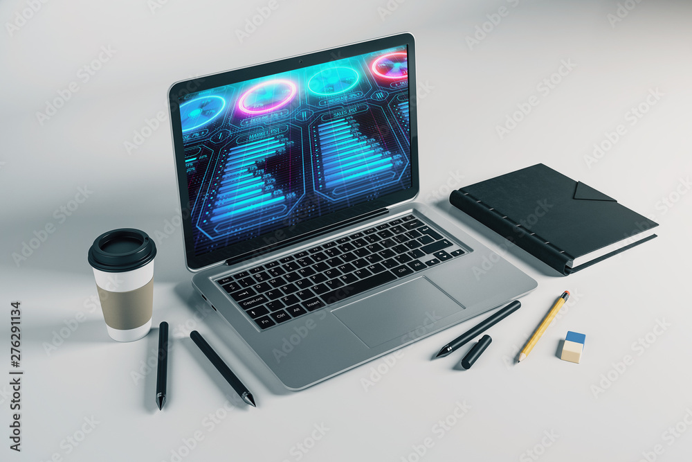 Laptop closeup with business theme drawing on computer screen. 3d rendering. Laptop closeup with business theme drawing on computer screen. 3d rendering.