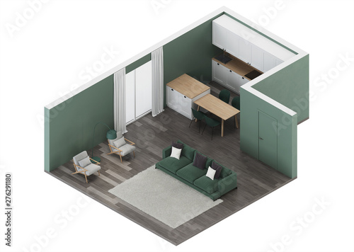 Modern house interior. Orthogonal projection. View from above. 3D rendering. © artemp1