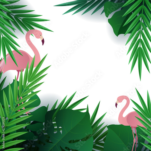 Hello summer, summertime. Background of tropical plants. Flat bird flamingo. Palm leaves, jungle leaf. The poster for sale and an advertizing sign.  Vector
