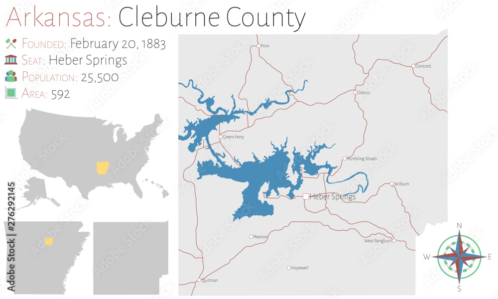 Large and detailed map of Cleburne county in Arkansas, USA
