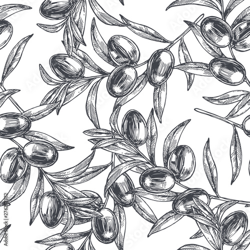 Vector vintage seamless pattern with olive branch in engraving style. Hand drawn texture with plant. Black and white botanical sketch for oil design. Healthy food