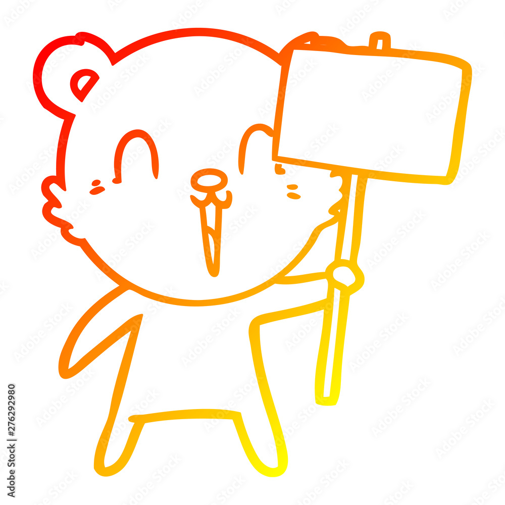 Obraz premium warm gradient line drawing happy cartoon bear with placard