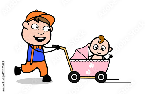 Running with Baby - Retro Cartoon Carpenter Worker Vector Illustration