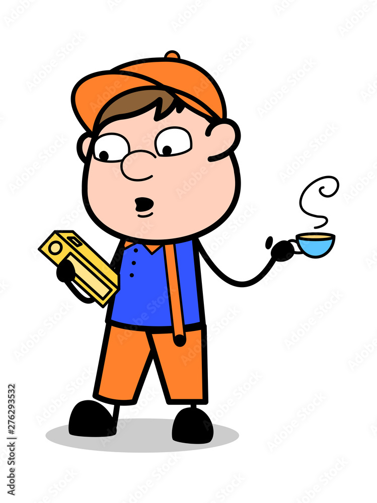Drinking a Tea While Searching a Book - Retro Cartoon Carpenter Worker Vector Illustration