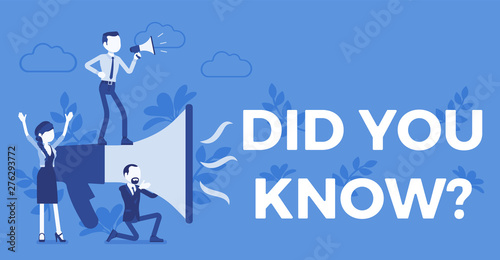 Did you know megaphone announcement. Group of people holding loud speaker to explain interesting fact of commercial product, promotion, advertising information. Vector illustration, faceless character