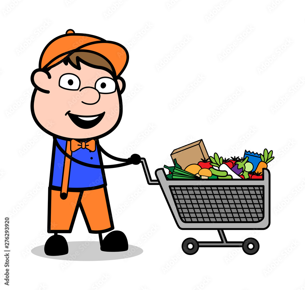 Shopping Cart - Retro Cartoon Carpenter Worker Vector Illustration