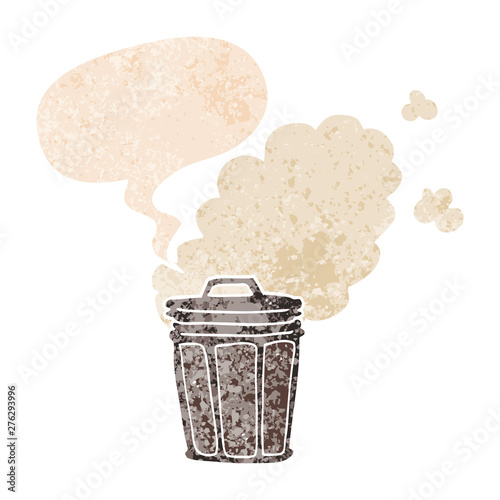 cartoon stinky garbage can and speech bubble in retro textured style