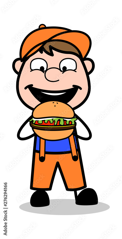 Eating Burger - Retro Cartoon Carpenter Worker Vector Illustration Stock  Vector | Adobe Stock