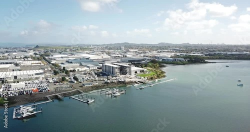 Aerial Pan 4K, establishing shot of Auckland suburb industrial zones. photo