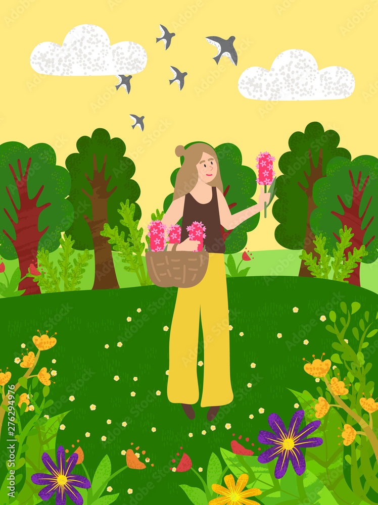 Meadow and blooming flowers, forest and green trees and bushes. Vector woman with basket and pink gorgeous in summer or spring wood on green grass, countryside landscape Meadow and blooming flowers, forest and green trees and bushes. Vector woman with basket and pink gorgeous in summer or spring wood on green grass, countryside landscape