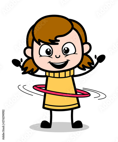 Playing with Hula Hoop - Retro Cartoon Girl Teen Vector Illustration