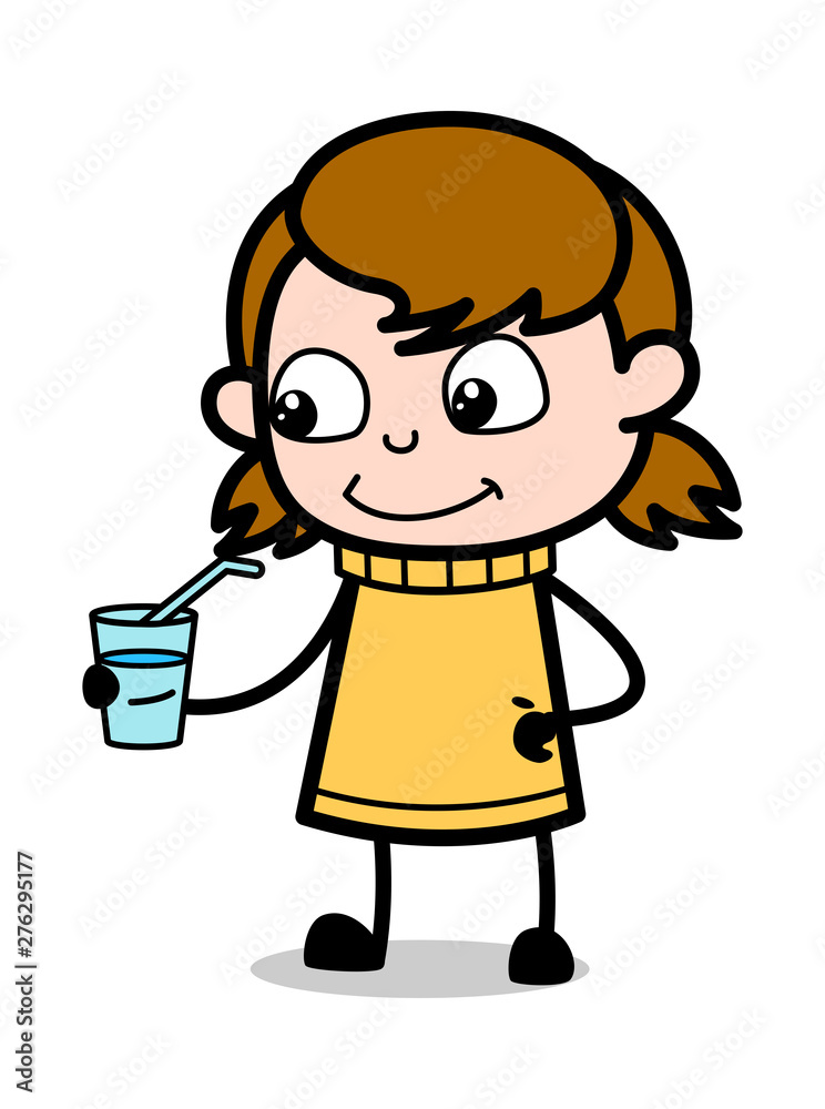 Drinking Energy Water - Retro Cartoon Girl Teen Vector Illustration