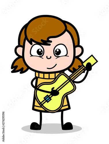 Playing Guitar - Retro Cartoon Girl Teen Vector Illustration